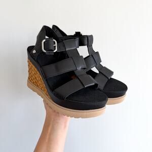 UGG Abbot Strap Open-Toe Leather Espadrille Wedge Sandals Black 9 NWT